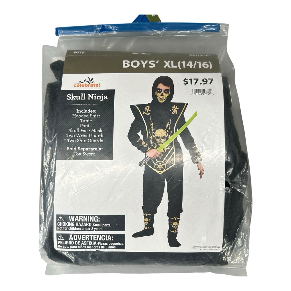 Celebrate Boys Skull Ninja Costume Size X-Large 14-16 Halloween trick‎ or Treat